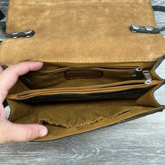 Patricia Nash tooled brown teal crossbody bag